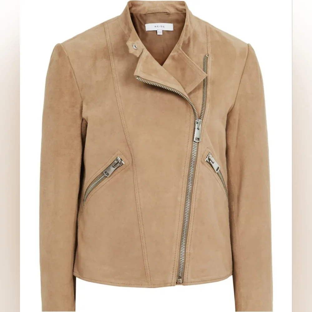 REISS Suede Lamb Leather Biker Jacket Size 10 - Picture 1 of 11